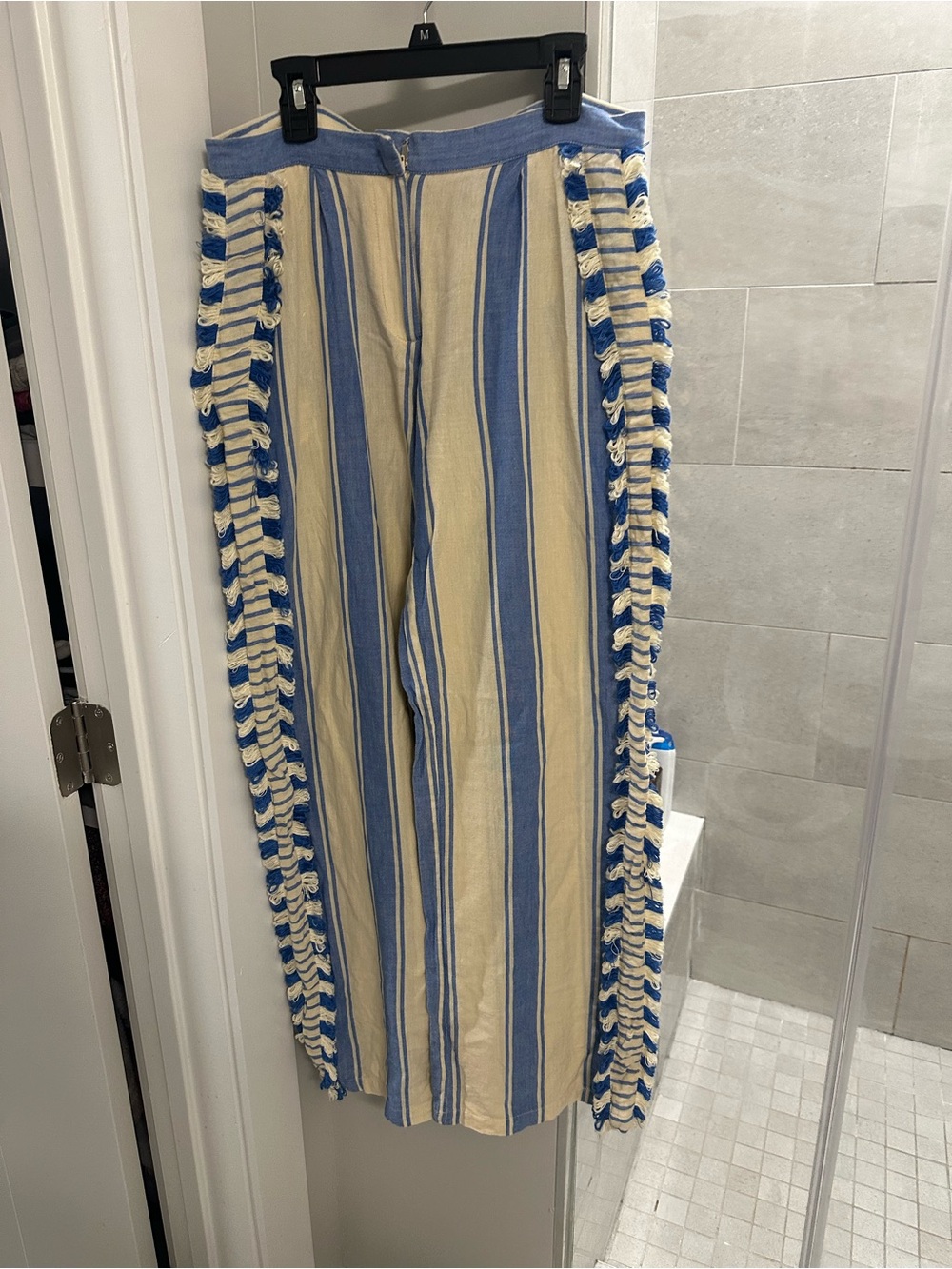 Dodo Bar Or Blue & Cream Striped Tassel-Trim Linen Beachy Pants